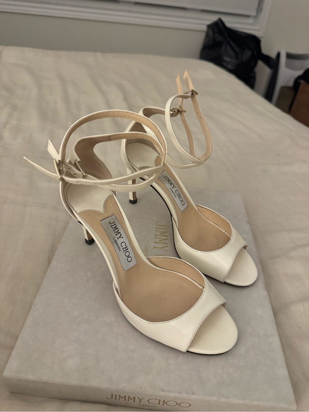 Jimmy Choo Cream Patent Leather Ankle‑Strap Stiletto Heels - Picture 4 of 9